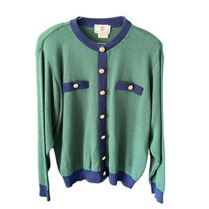 Cape Cod Vintage 80s Green and Blue Collard Mock Gold Buttons Blouse Sweater - M